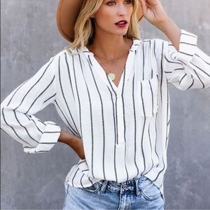 Light and Breezy White and Blue Striped Long sleeve Blouse semi sheer Size M